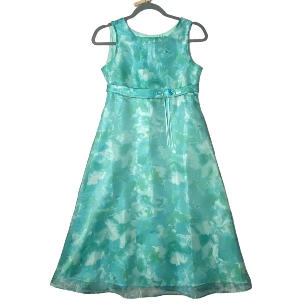 Expressions Maxi Short Sleeve Bow Abstract Floral Dress Girl 14 Aqua Green Blue